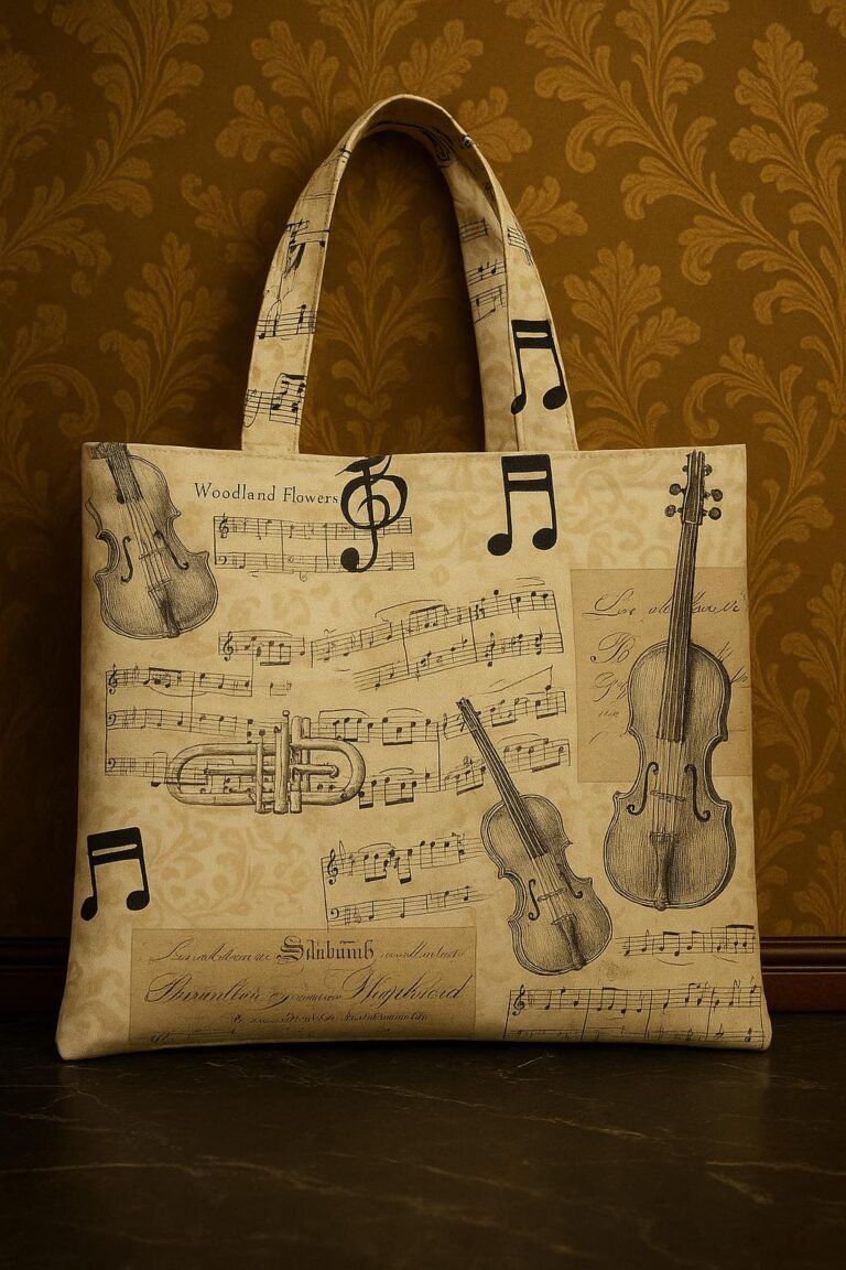 Beige tote with vintage musical designs – violins, trumpets, and sheet music. Ideal for romantic music lovers. Handmade, spacious, and signed by “Chloris”.
